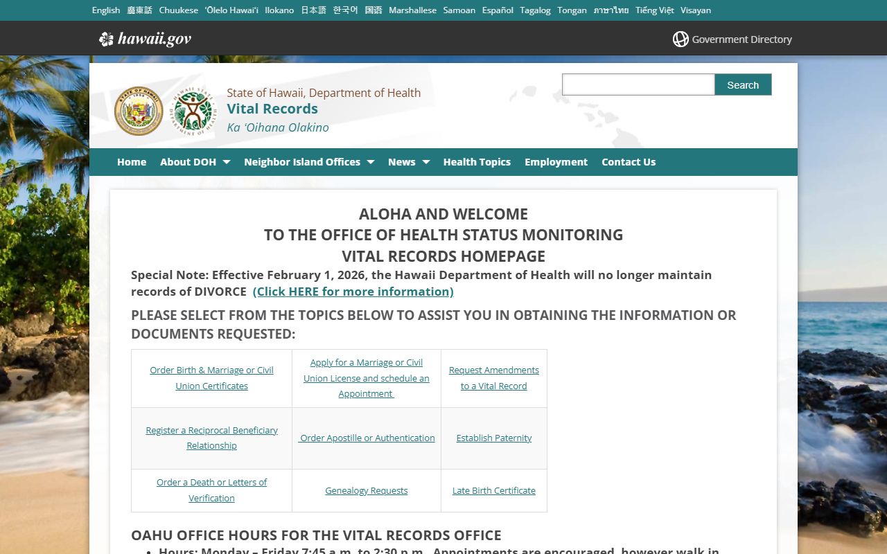 Hawaii Department of Health Vital Records Office page for Ewa Beach marriage records