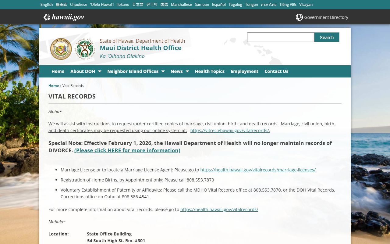 Maui District Health Office vital records page for Kahului marriage certificates