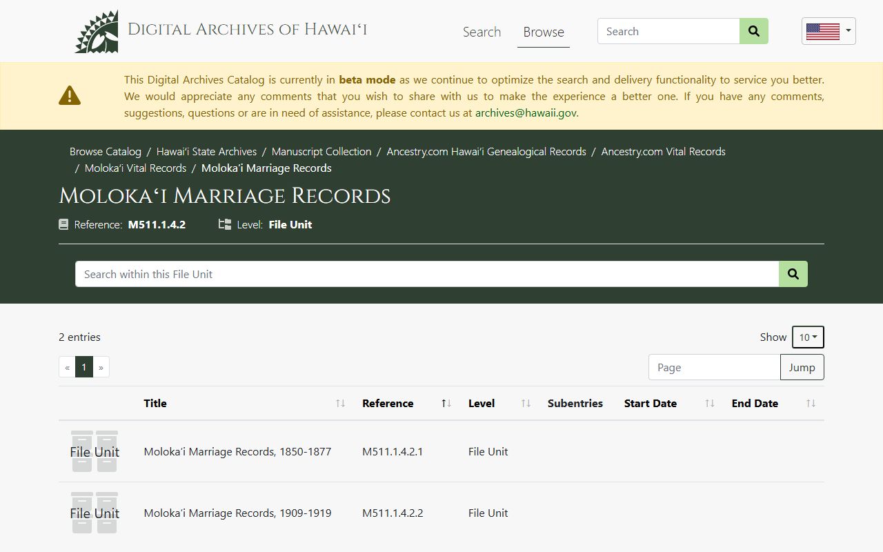 Kalawao County historical marriage records in the Hawaii State Archives Digital Collections