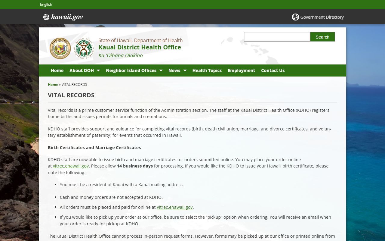 Kauai County vital records office for marriage records