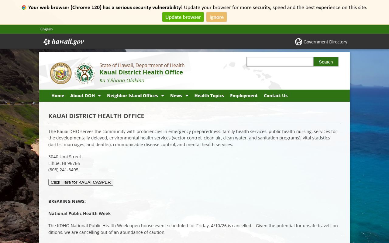 Kauai District Health Office for marriage records