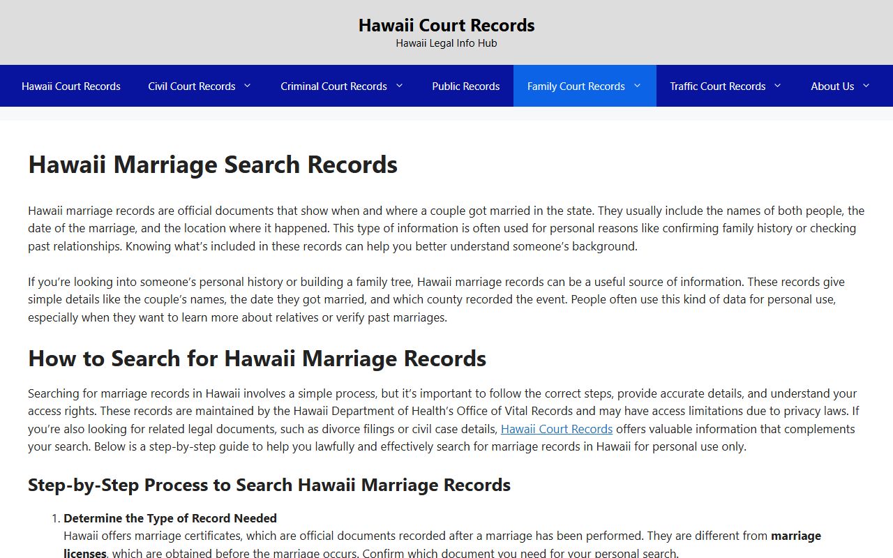 Hawaii court records marriage search information
