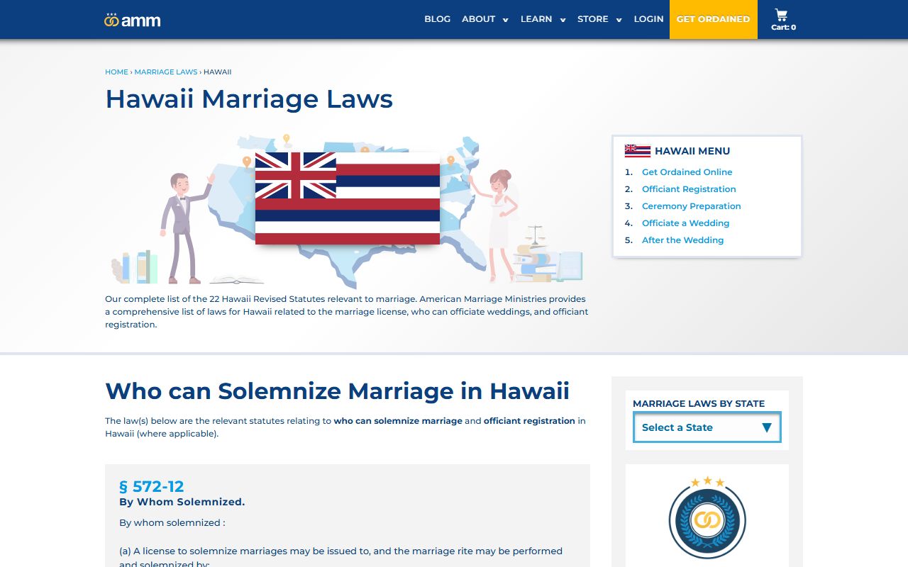 Hawaii marriage laws summary including residency and age rules