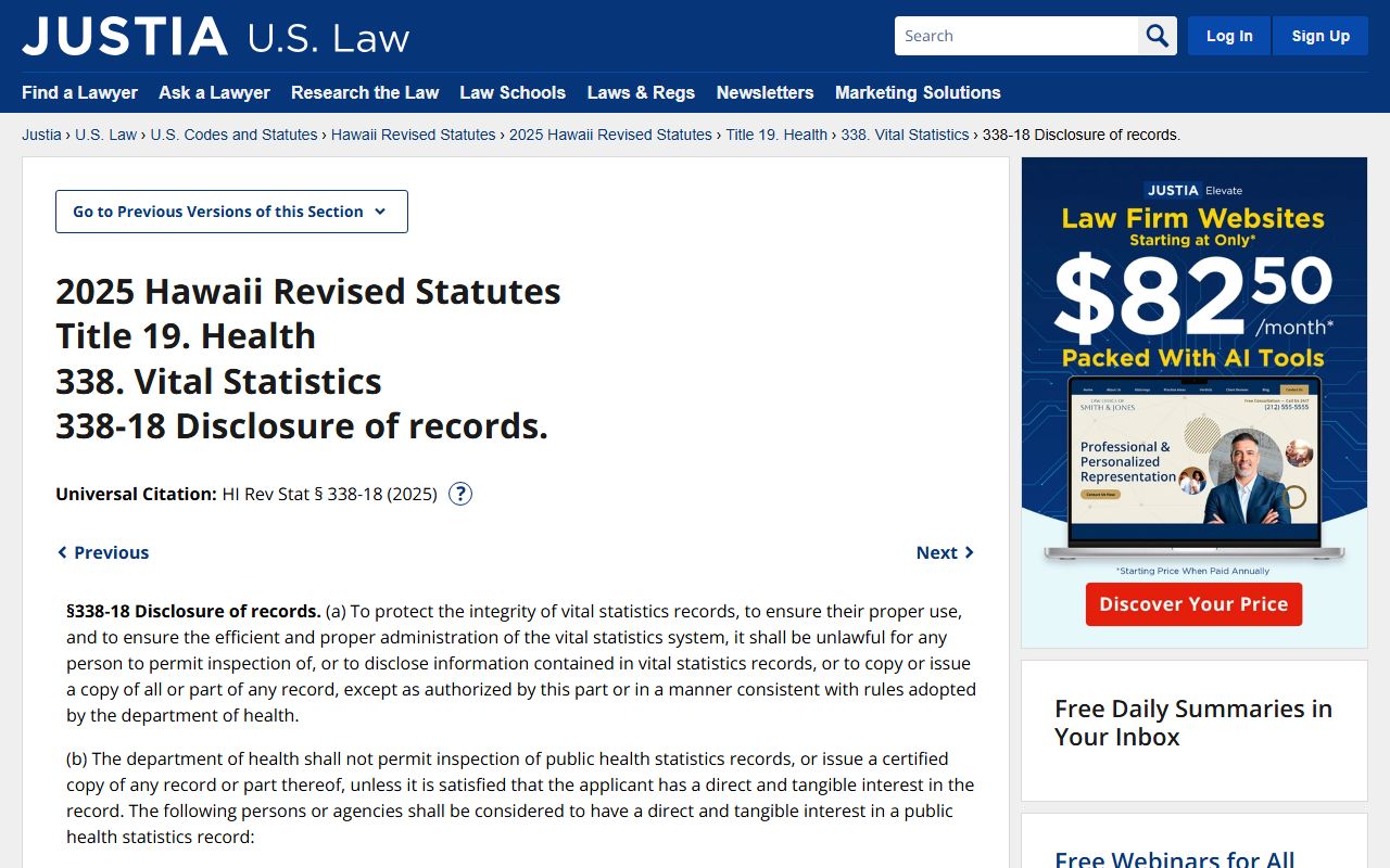 Hawaii Revised Statutes 338-18 vital records disclosure rules