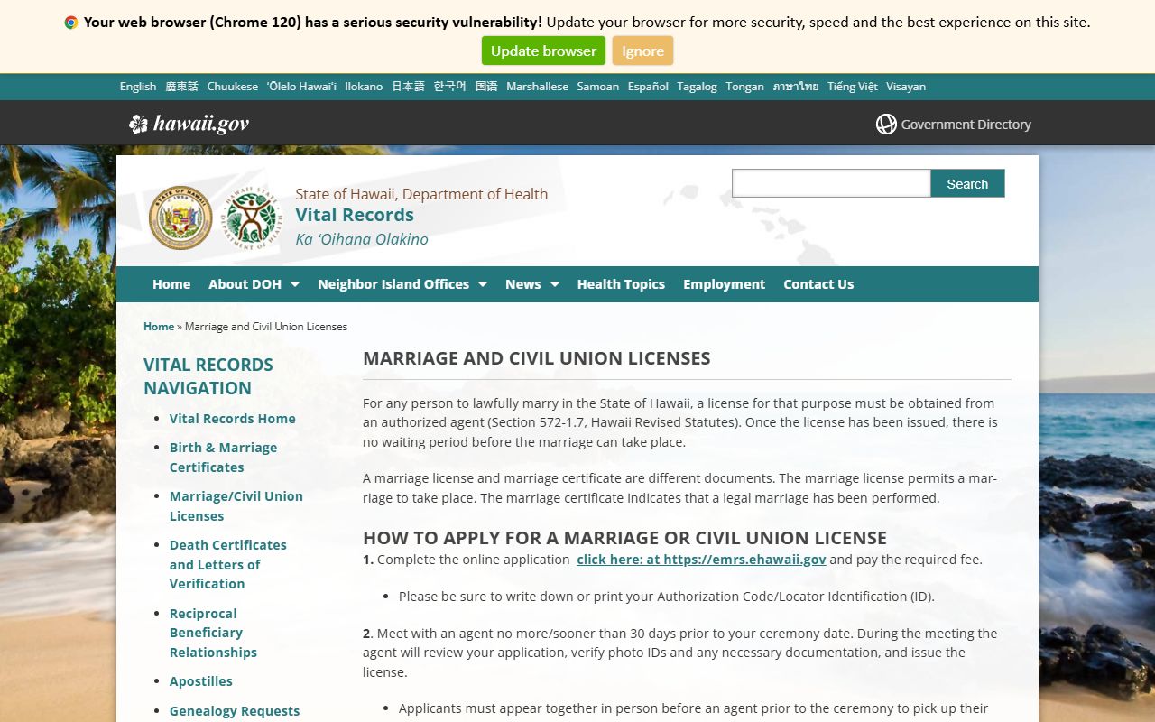Hawaii marriage license requirements and process page